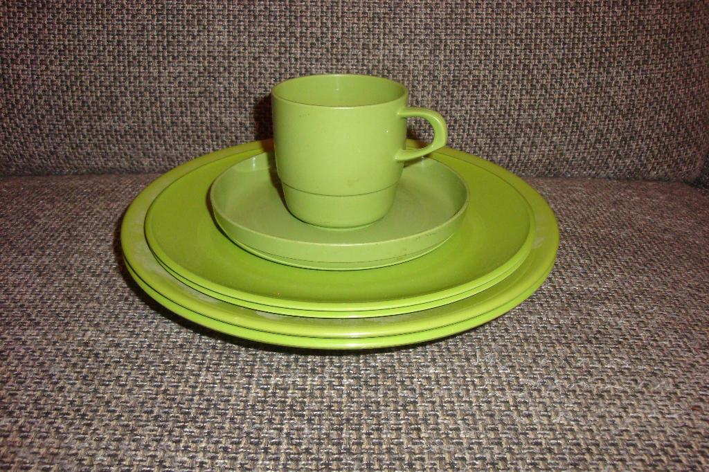 6x 2 pers. retro vintage Mepal camping servies delen, groen, Ophalen of Verzenden, Gebruikt