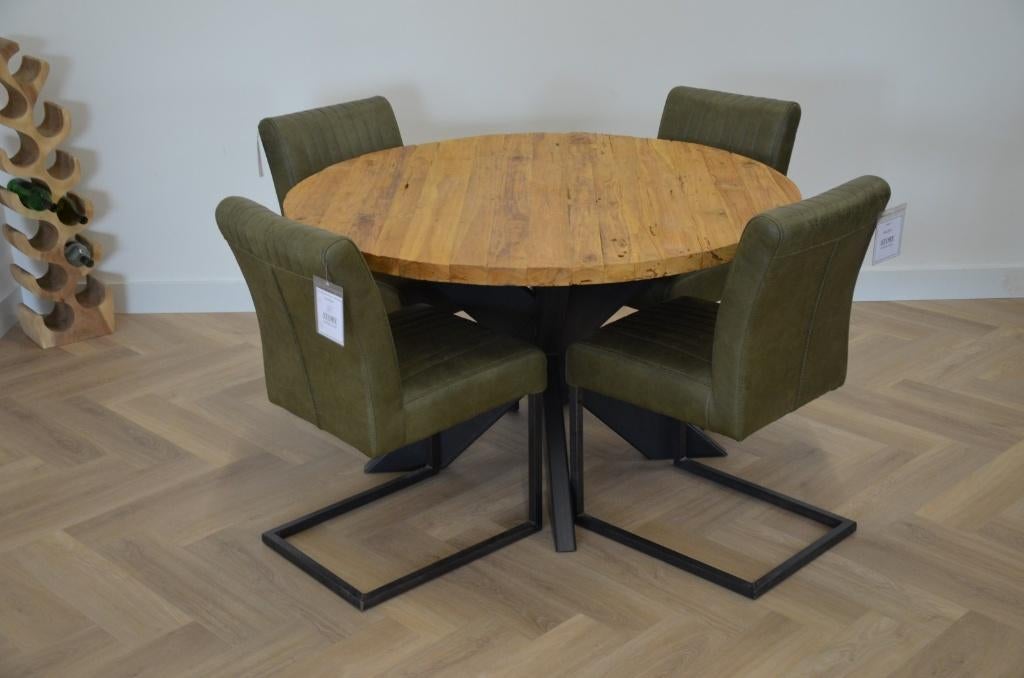 Ronde ruige teak tafel 130 cm, Rond, Nieuw, Ophalen of Verzenden, Vijf personen of meer