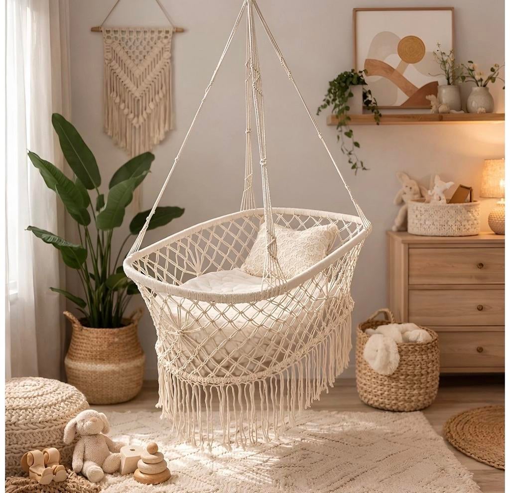Macramé Wieg creme- Boheemse Stijl normale verkoopprijs 80,-, Kinderen en Baby's, Ophalen, Zo goed als nieuw, Wieg