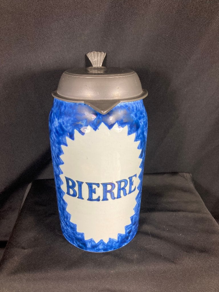 Brusselse bierpul met tinnen klepdeksel gemerkt, Ophalen of Verzenden