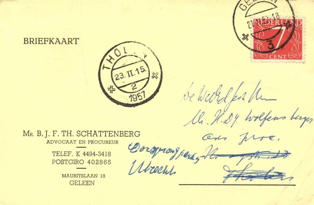 Mr. B.J.F.Th. Schattenberg, Geleen - 02.1957 - briefkaart, Ophalen of Verzenden, Briefkaart