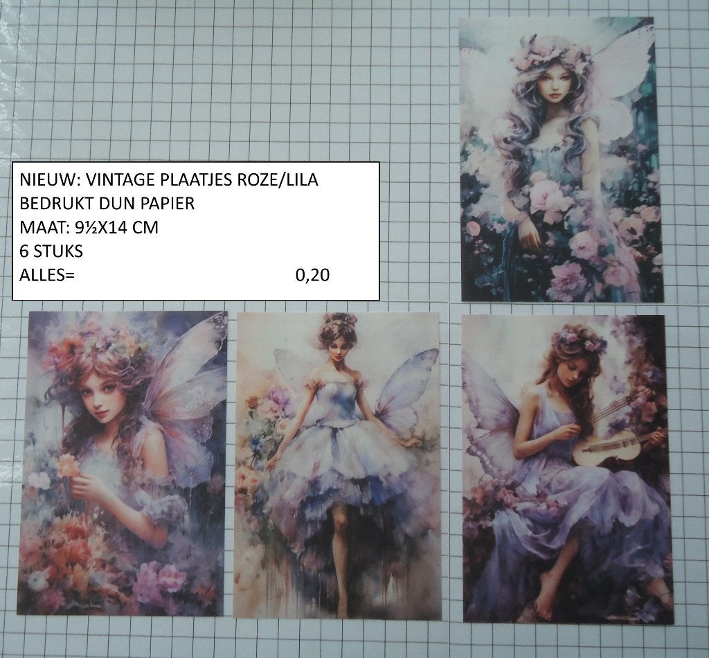 vintage plaatjes roze/lila 6 st alles 0,20 (alleen verzenden, Hobby en Vrije tijd, Scrapbooking, Ophalen, Nieuw, Papier of Karton