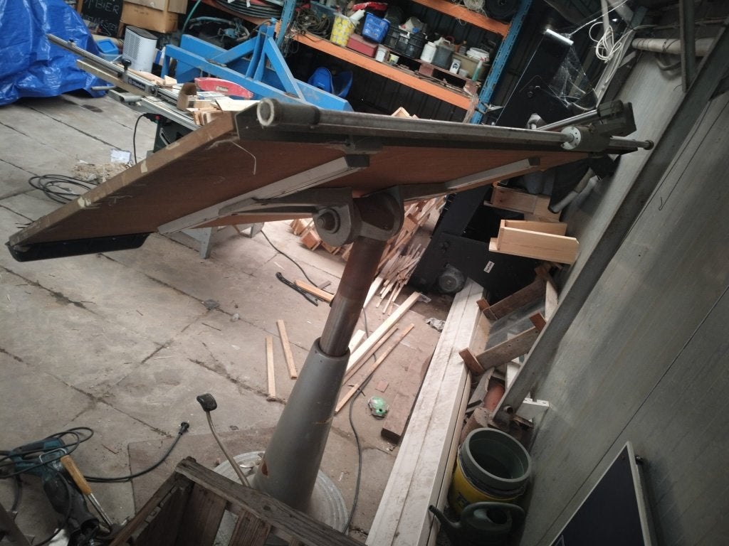 Antieke technische tekentafel op zuil, Ophalen, Gebruikt, 130 tot 150 cm