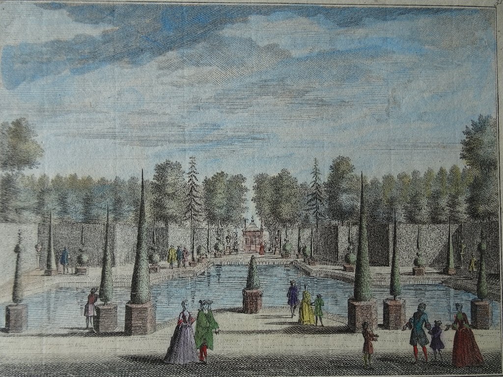 gravure kleur vijver Zorgwijk Amsterdam D. Stoopendaal 1711, Antiek en Kunst, Verzenden, Stadsgezicht, Gravure, Origineel