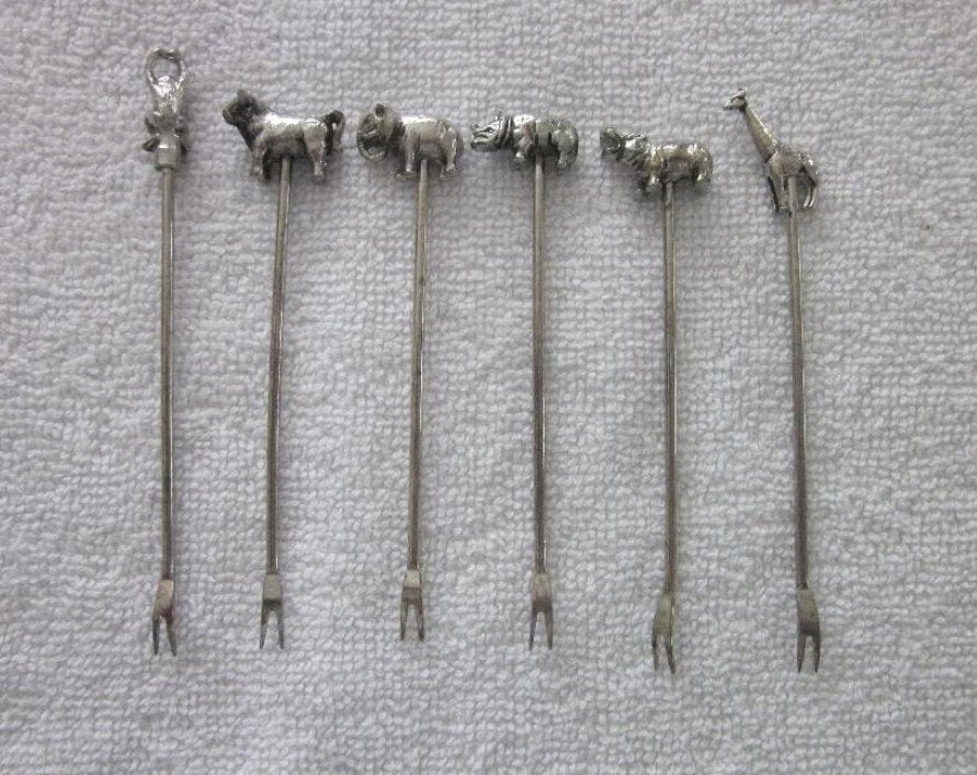 6 Verzilverde zuurvorkjes/prikkers wilde dieren lengte 9 cm., Ophalen of Verzenden