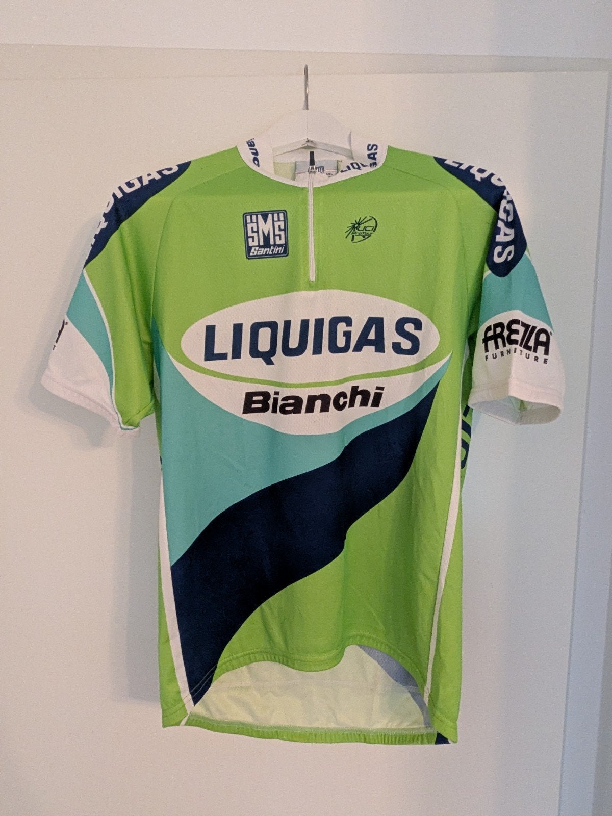 Liquigas Bianchi Santini Wielershirt met broek en jas, Fietsen en Brommers, Gebruikt, Heren, Ophalen of Verzenden, Bovenkleding