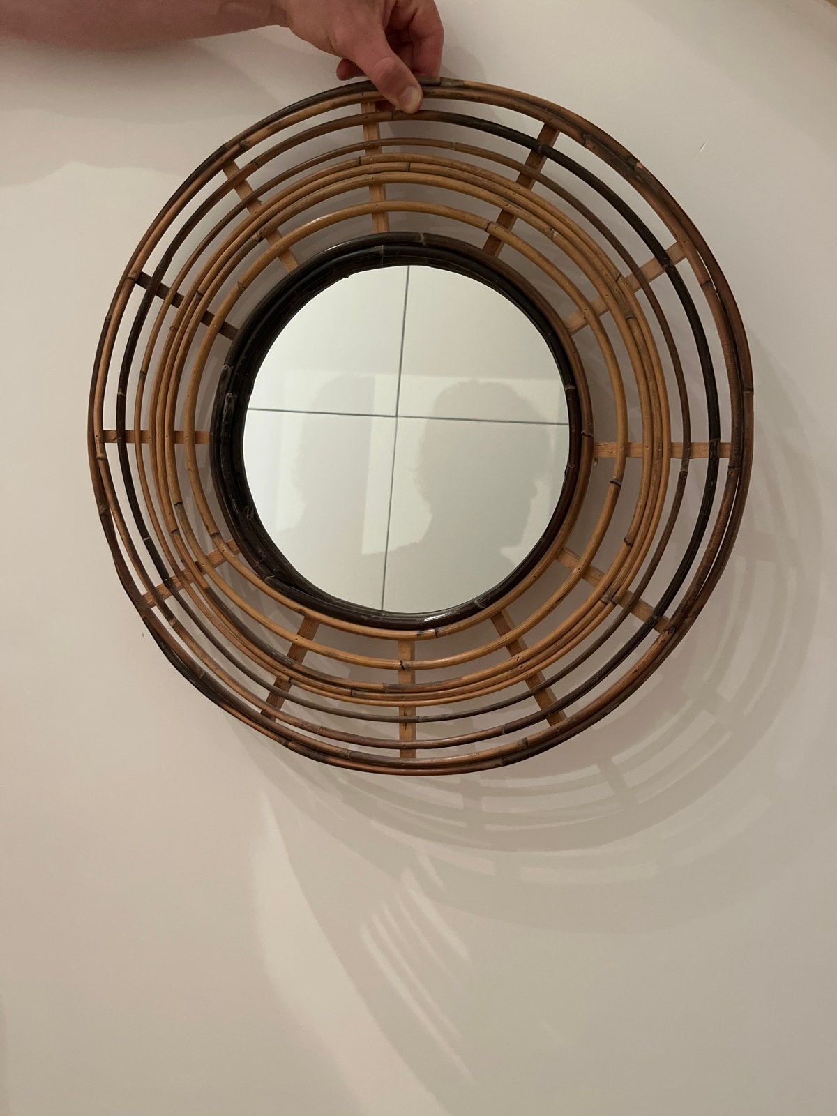Ronde spiegel met bamboe frame - diameter 55 cm, Ophalen, Rond, Zo goed als nieuw, Minder dan 100 cm