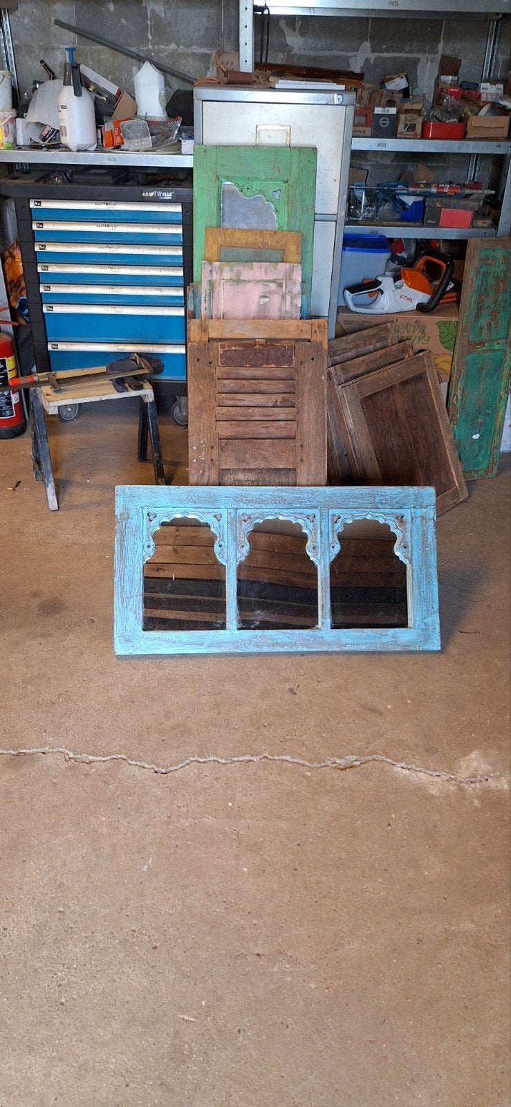 Decoratieve spiegel met 3 panelen, turquoise hout, Antiek en Kunst, Ophalen, Rechthoekig, 100 tot 150 cm, Minder dan 100 cm
