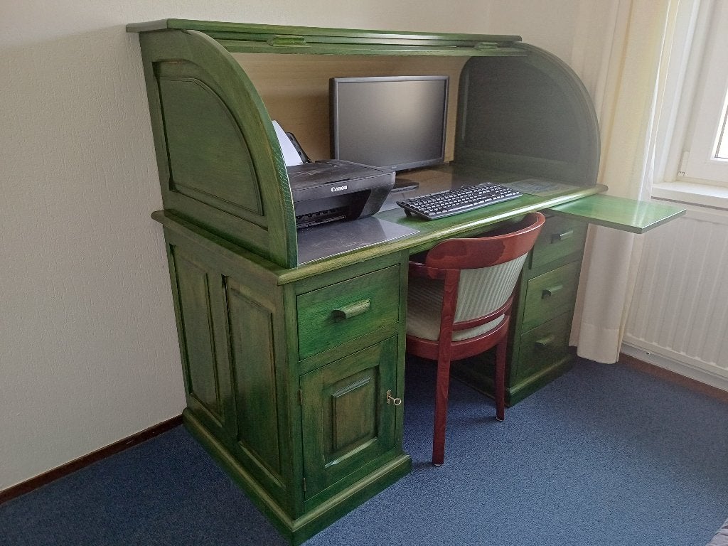 Massief eiken rolluikbureau/pc-meubel, Huis en Inrichting, Ophalen, Gebruikt, Modern