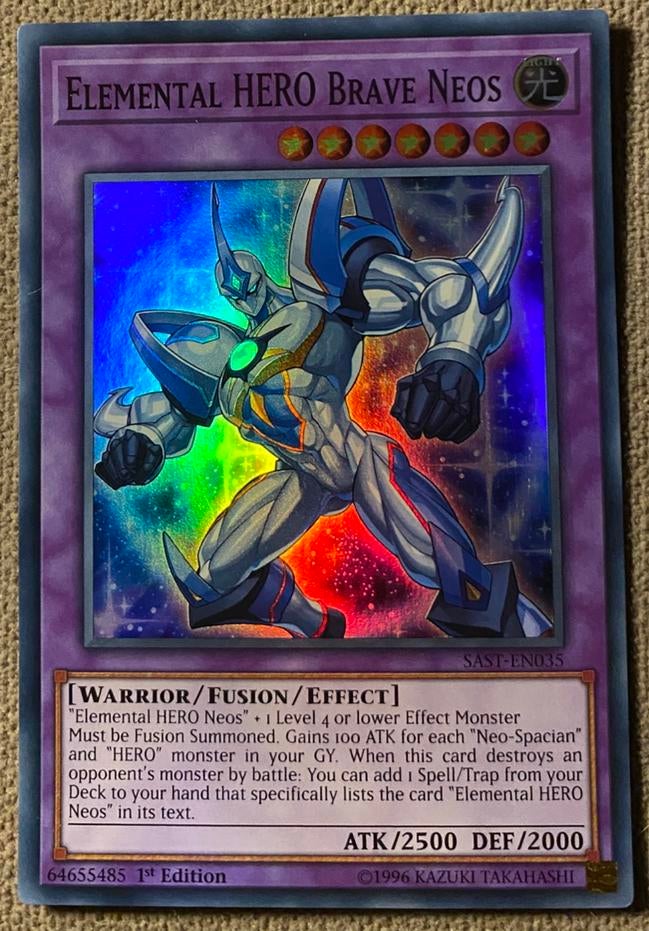 Yu-Gi-Oh! Elemental HERO Brave Neos SAST 1st Edition !, Ophalen of Verzenden, Zo goed als nieuw, Losse kaart, Foil