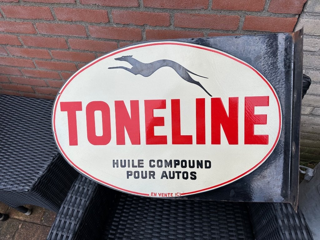 Emaille Toneline olie / huile bord. Dubbelzijdig 60 x 40 cm., Ophalen of Verzenden, Gebruikt, Reclamebord