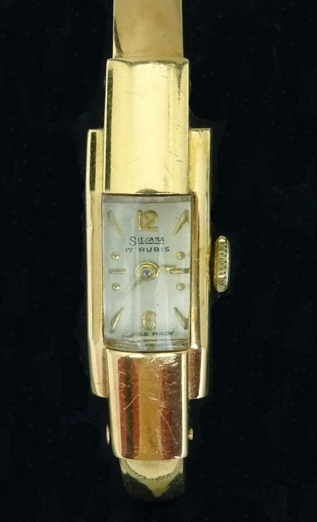 Antiek 18K goud Silvana dames polshorloge met arm-klemband, Ophalen of Verzenden, Goud, Overige typen
