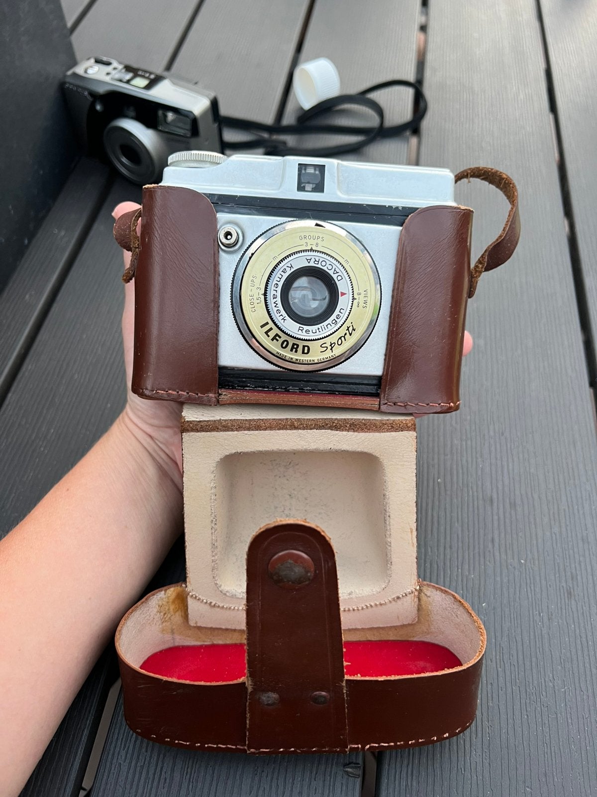 Vintage Ilford Sporti analoge camera + originele leren tas, Ophalen of Verzenden, Niet werkend, Overige Merken