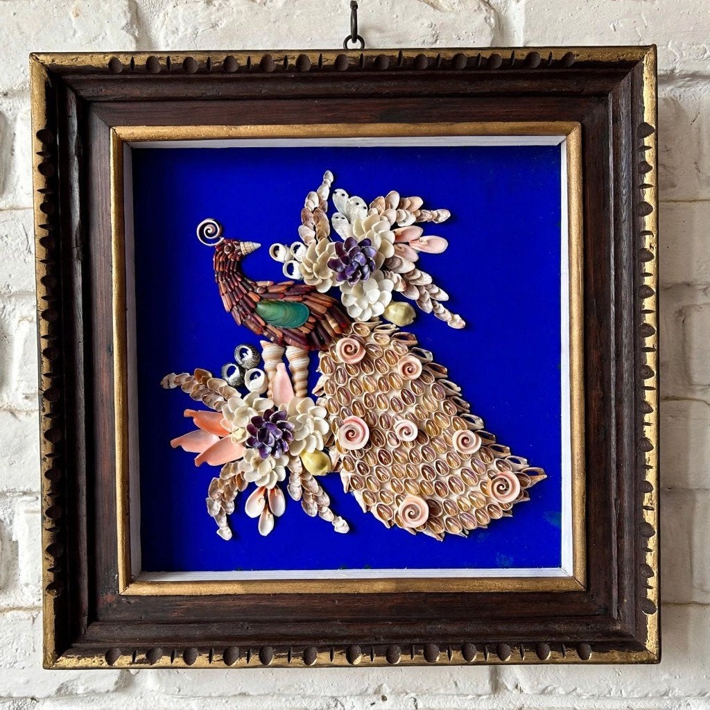 Vintage Shell Art Pauw | Schelpen Schilderij | Retro Lijst, Bijzondere lijst, Overige stijlen, Doek, Overige technieken