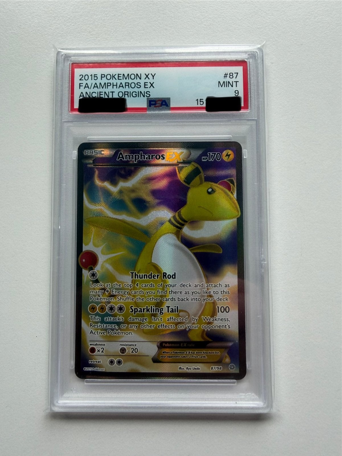 Ampharos EX 2015 Pokémon XY Ancient Origins PSA 9 Mint, Ophalen of Verzenden, Zo goed als nieuw, Losse kaart, Foil