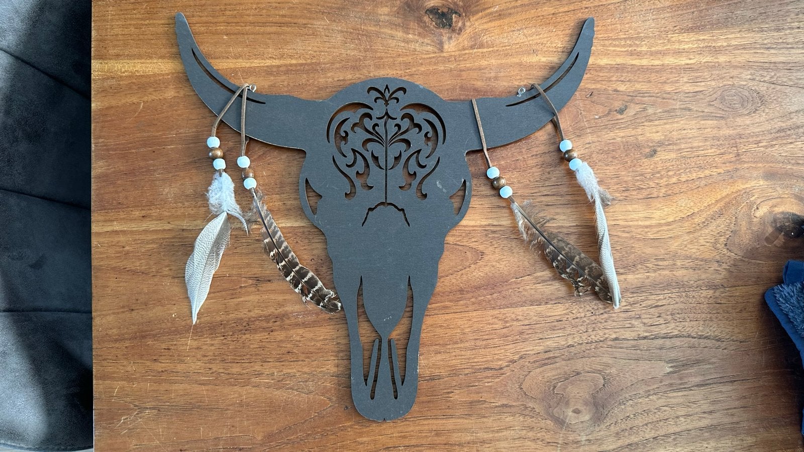 Wanddecoratie Stierenkop met veren - Boho/Vintage Stijl, Zwart, Boho, Ophalen of Verzenden, Zo goed als nieuw