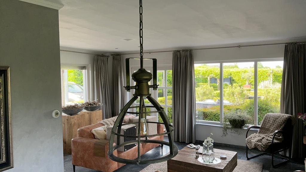 2 stalen hanglampen en 1 staande stalen lamp, Huis en Inrichting, 50 tot 75 cm, Vintage, Ophalen of Verzenden, Zo goed als nieuw