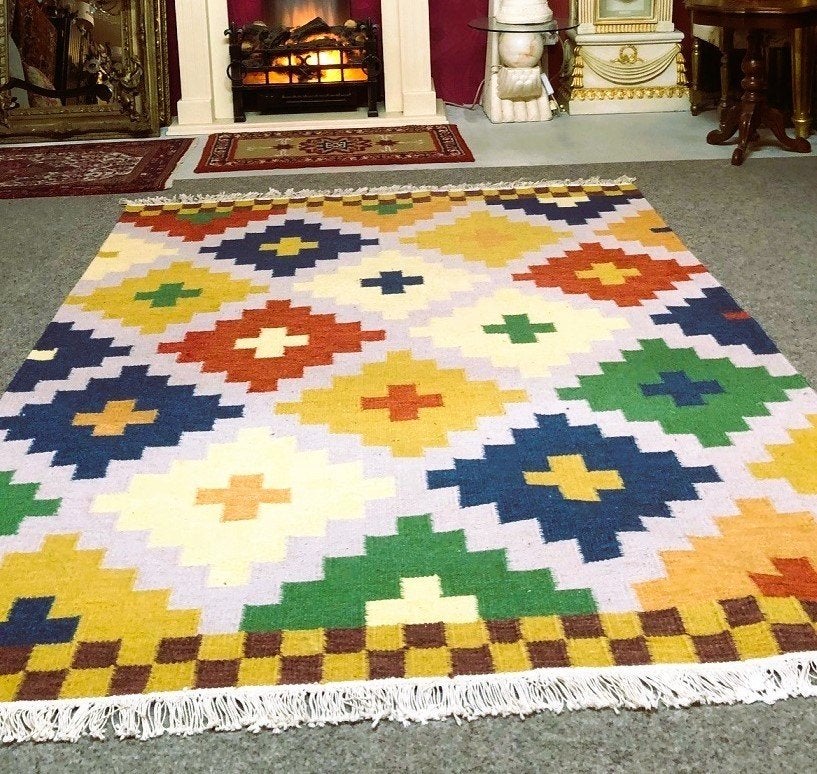 Handgeweven kelim vloerkleed wollen tapijt - 257x175 cm, 200 cm of meer, Ophalen of Verzenden, Zo goed als nieuw, 200 cm of meer