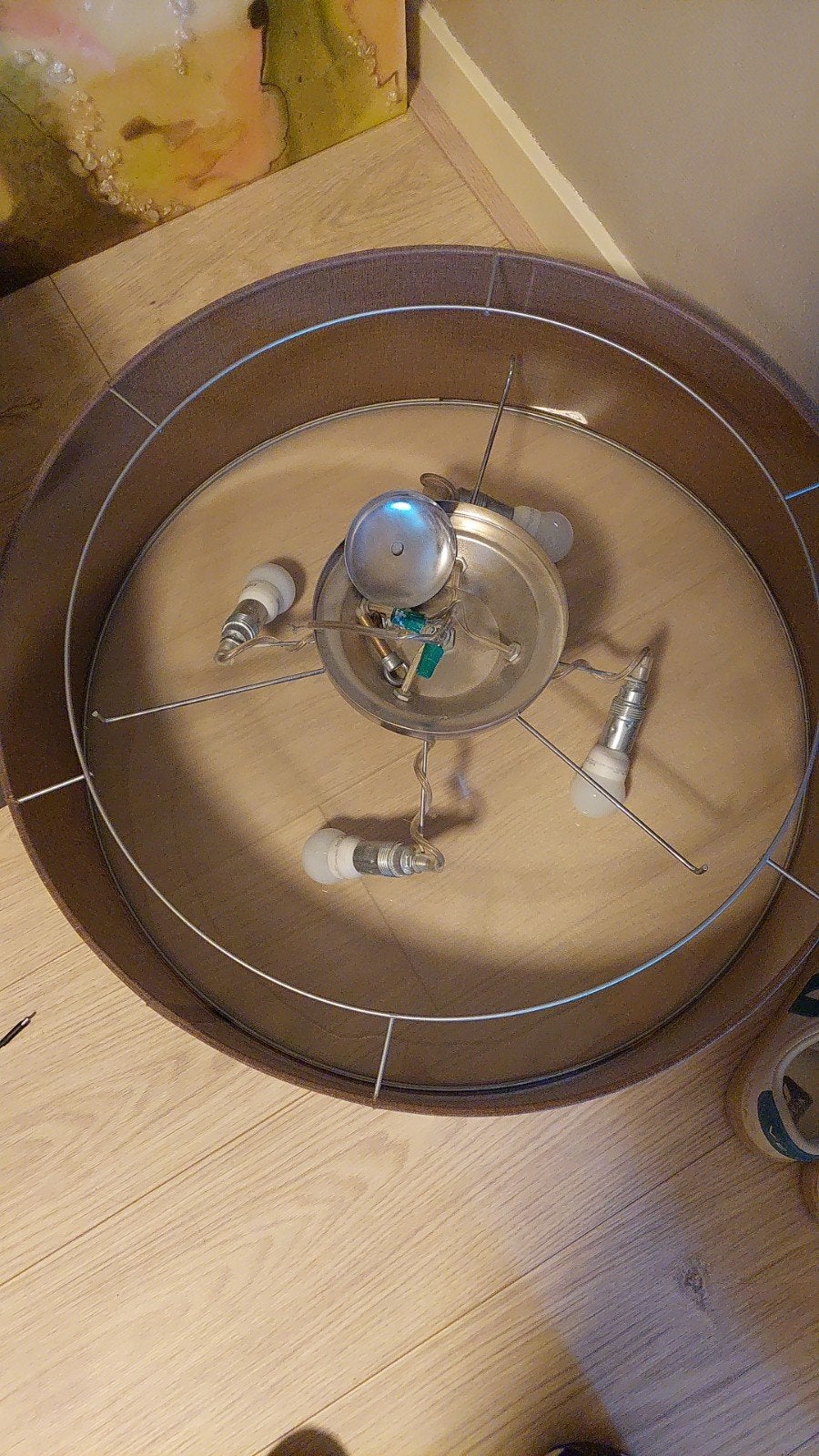 Plafondlamp met bruine stoffen kap, Ophalen, Overige materialen, Minder dan 50 cm, Gebruikt