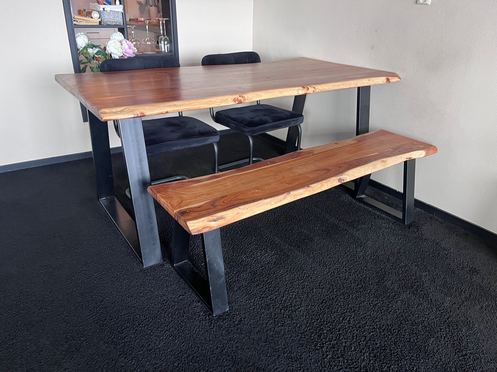 Massief eiken Eettafel met bankje en stoelen 180x90x80, Huis en Inrichting, Zo goed als nieuw, 150 tot 200 cm, Vier personen, Rechthoekig