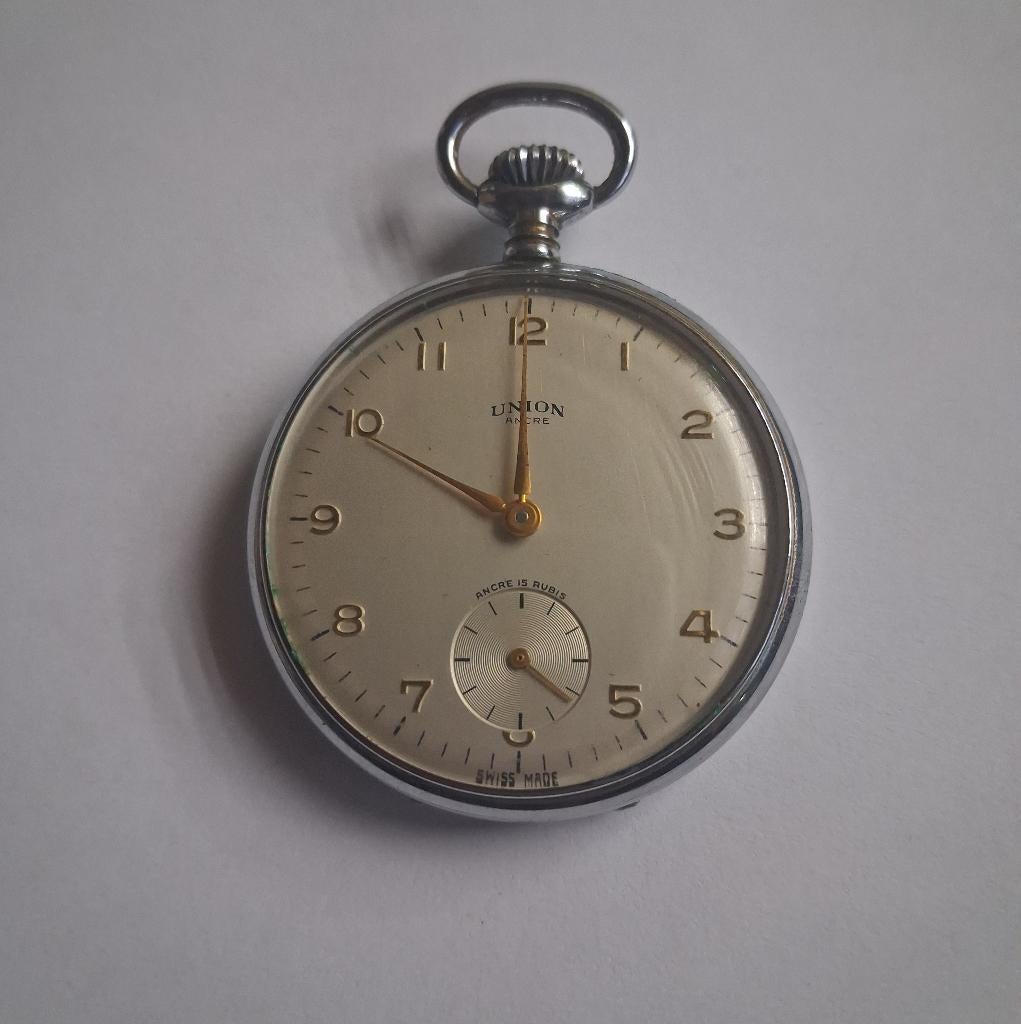 Verchroomd nikkelen Union Anchre vestzakhorloge in foedraal, Overige merken, Zakhorloge, Gebruikt, Overige materialen