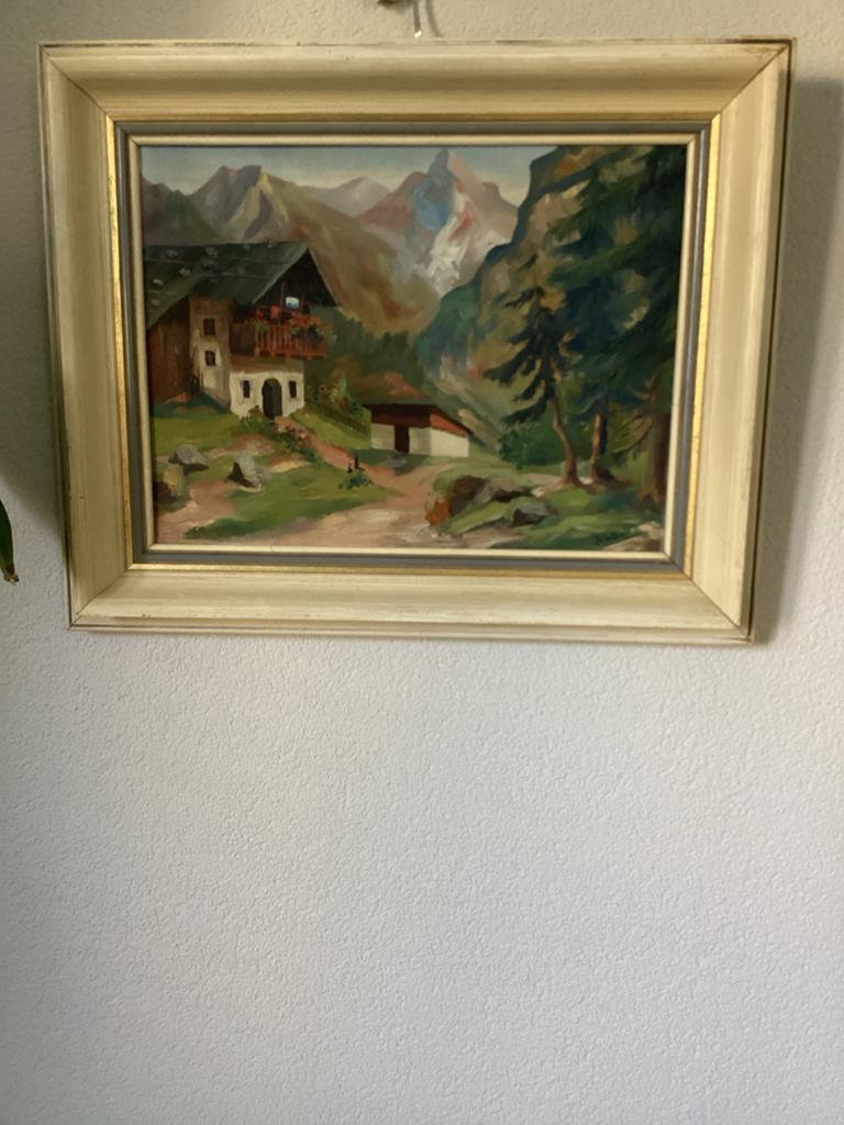 Schilderij H. de Bruin - Alpenlandschap met huis, Ophalen
