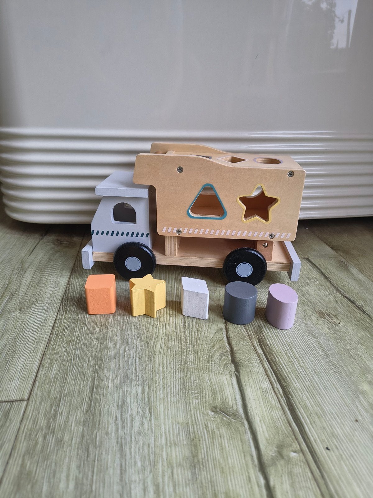 Prachtige houten vormen stoof, kiepauto met blokjes hout., Kinderen en Baby's, Onb, Rij- of Hobbelspeelgoed, Ophalen of Verzenden