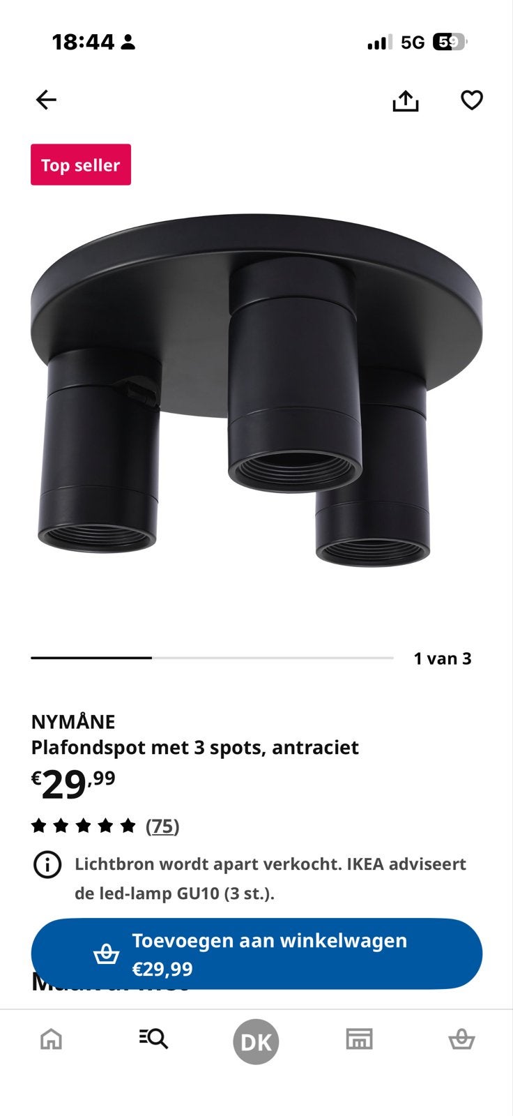 2x IKEA Nymåne Plafondspot met 3 spots, antraciet, Ophalen, Plafondspot, Zo goed als nieuw, Metaal