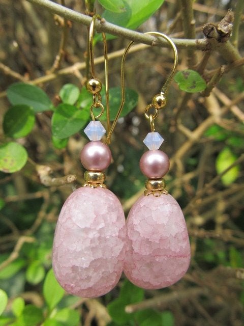 Oorbellen Pink Nugget bergkristal-swarovski goud, Ophalen, Nieuw