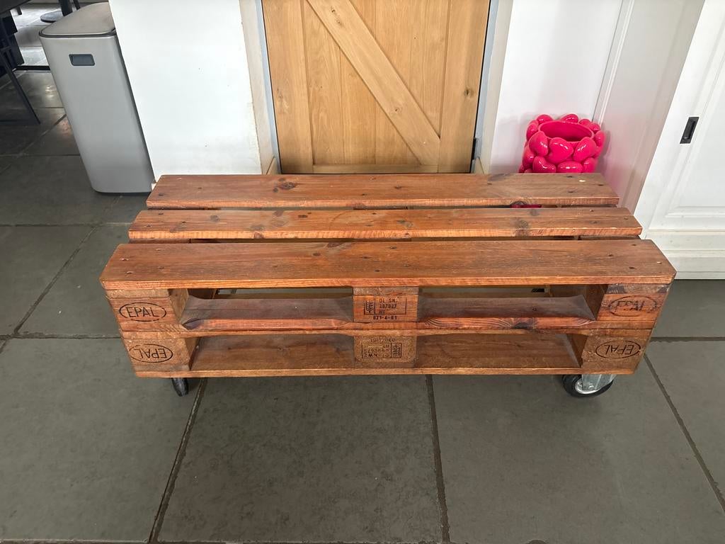 Unieke Pallet palletbank op Wielen - Rustiek & Praktisch, Ophalen, Gebruikt, 100 tot 150 cm, 50 tot 100 cm