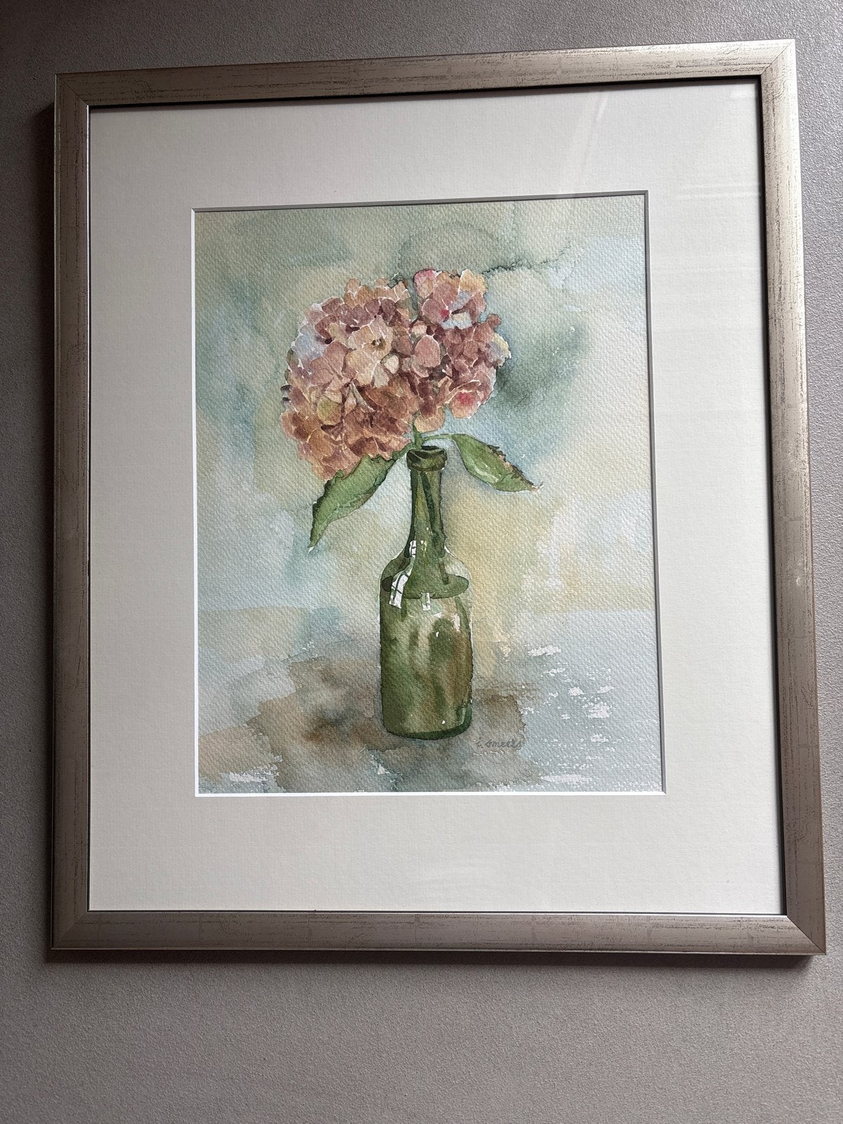Aquarel Ineke Smeets – Hortensia in fles (Uniek werk), Ophalen, Realistisch, Stilleven, Gesigneerd