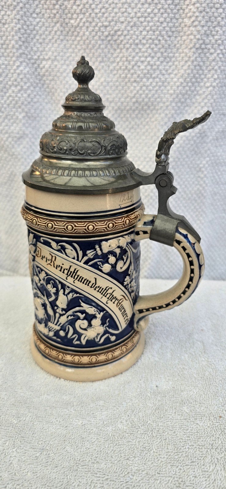 ​Antieke Duitse Bierpul met Tinnen Deksel – J.W. Remy, Antiek en Kunst, Antiek | Keramiek en Aardewerk, Ophalen of Verzenden