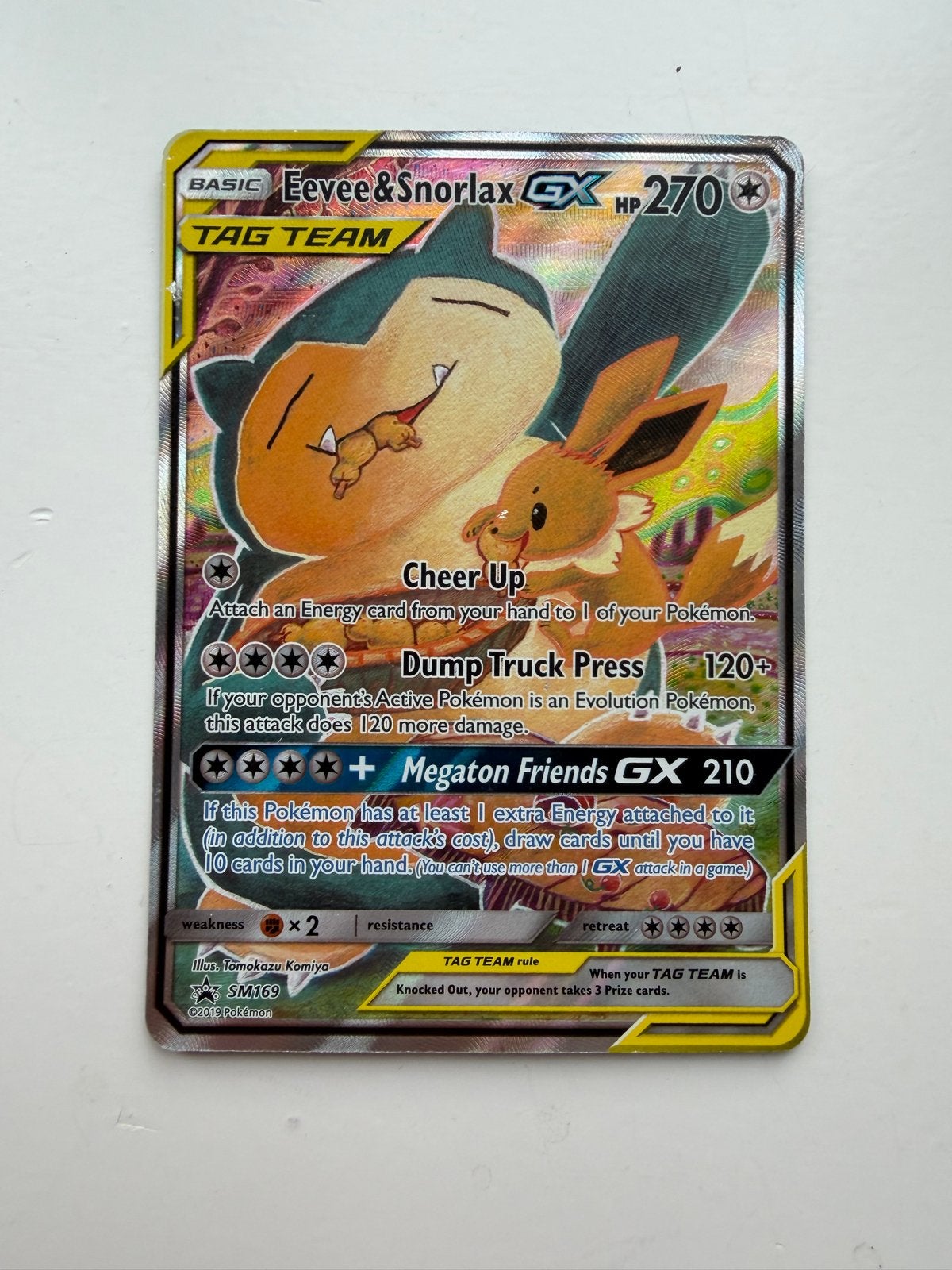 Pokémon Kaart Eevee & Snorlax GX TAG TEAM SM169, Ophalen of Verzenden, Zo goed als nieuw, Losse kaart, Foil