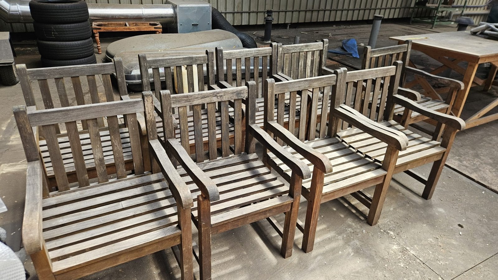 Te koop in een deal 9 stuks teakhouten stoelen. €150,00, Ophalen, Zo goed als nieuw, Teakhout