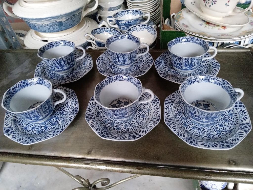 6 antieke kop met schotel MOSA peterselie decor 256, Ophalen of Verzenden