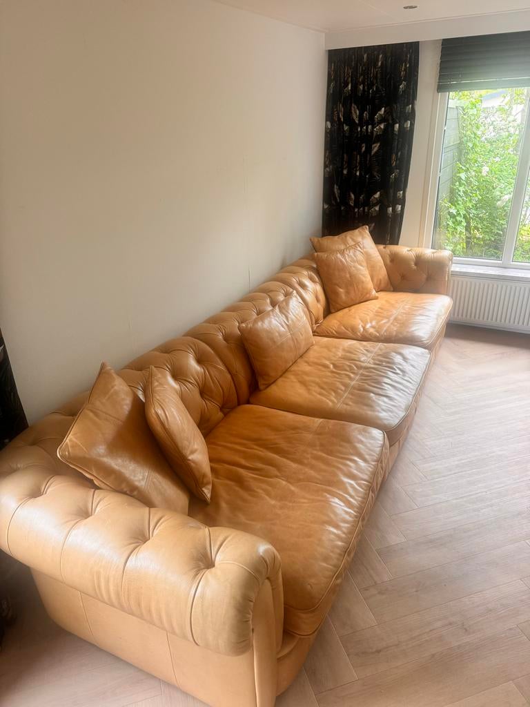 Chesterfieldbank van leer cognac lederen bankstel capiton, Gebruikt, 100 tot 125 cm, 300 cm of meer, Leer