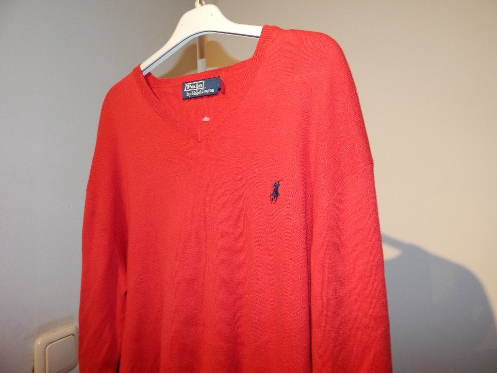 Ralph Lauren mooie gebreide trui vuur rood v hals M, Maat 48/50 (M), Ralph Lauren, Ophalen of Verzenden, Zo goed als nieuw