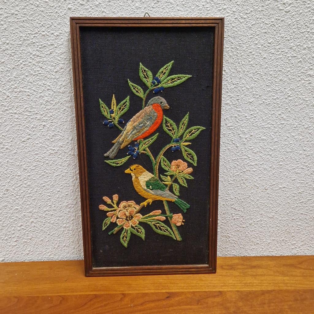 Vintage schilderij borduurwerk vogel lijstje jaren 50, Ophalen of Verzenden, Huis en Inrichting