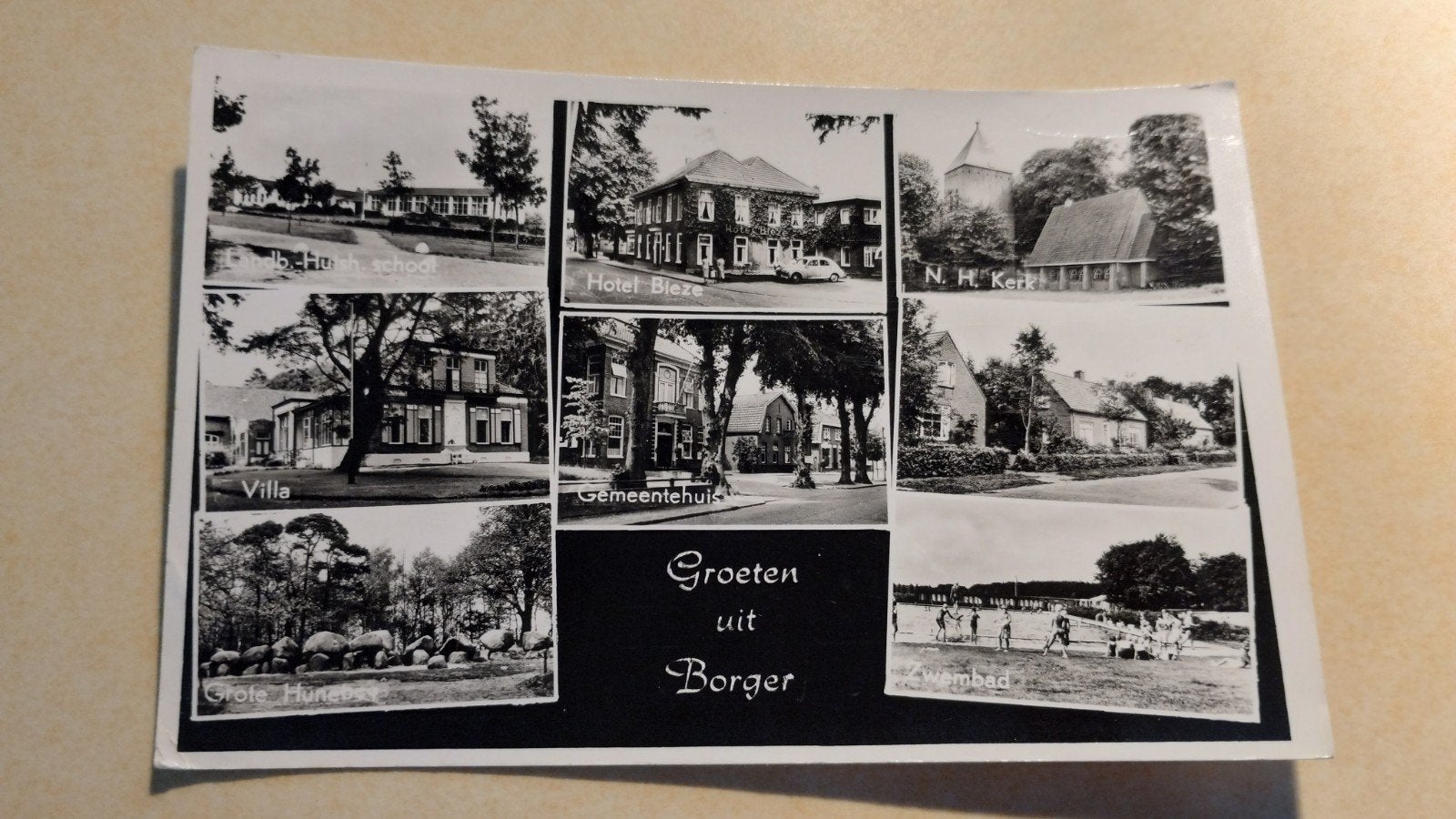 Oude ansichtkaart Borger - Hotel Bieze, N.H. Kerk, Villa, Ophalen of Verzenden, 1960 tot 1980, Gelopen, Drenthe