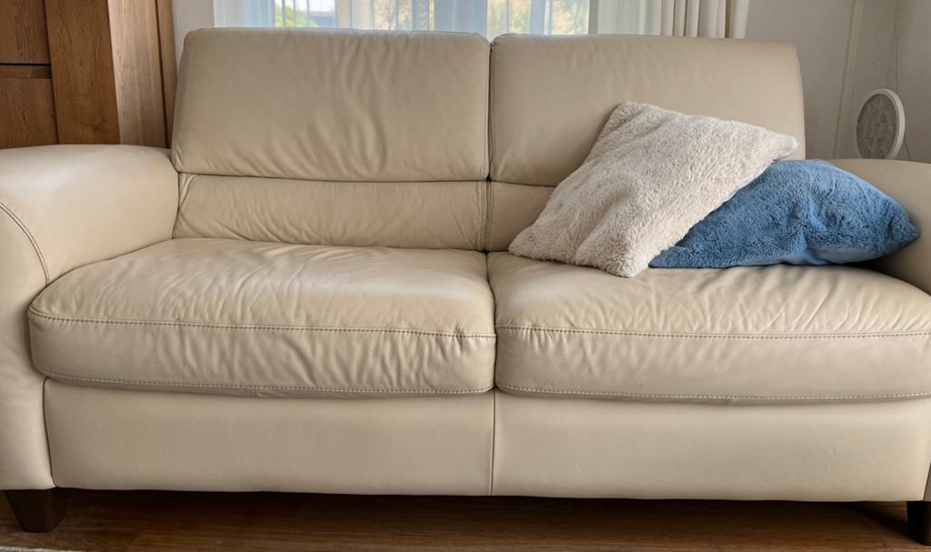Bank Sofa Tweezitter leer beige, Ophalen, Gebruikt, 75 tot 100 cm, Leer