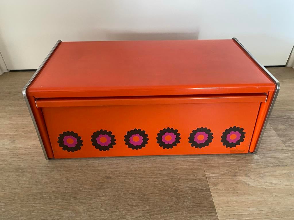 Retro broodtrommel oranje met bloemen, Ophalen, Huis en Inrichting