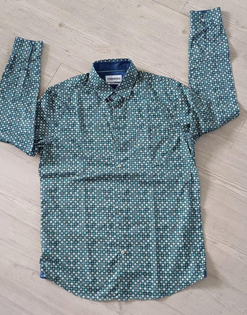 Mooi groen overhemd met kleurige bolletjes, Companeros, mt M, Zo goed als nieuw, Companeros, Groen, Halswijdte 39/40 (M)