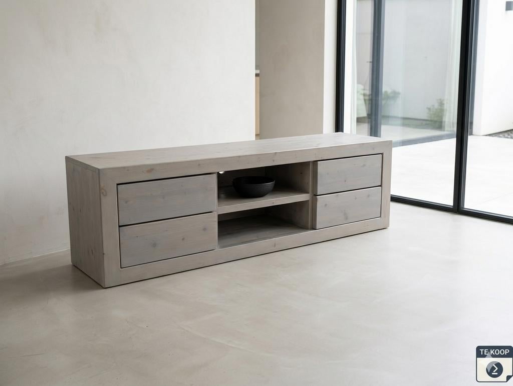 Steigerhout TV meubel greywash - 150x45x45 cm, 100 tot 150 cm, Nieuw, Ophalen of Verzenden, Minder dan 100 cm