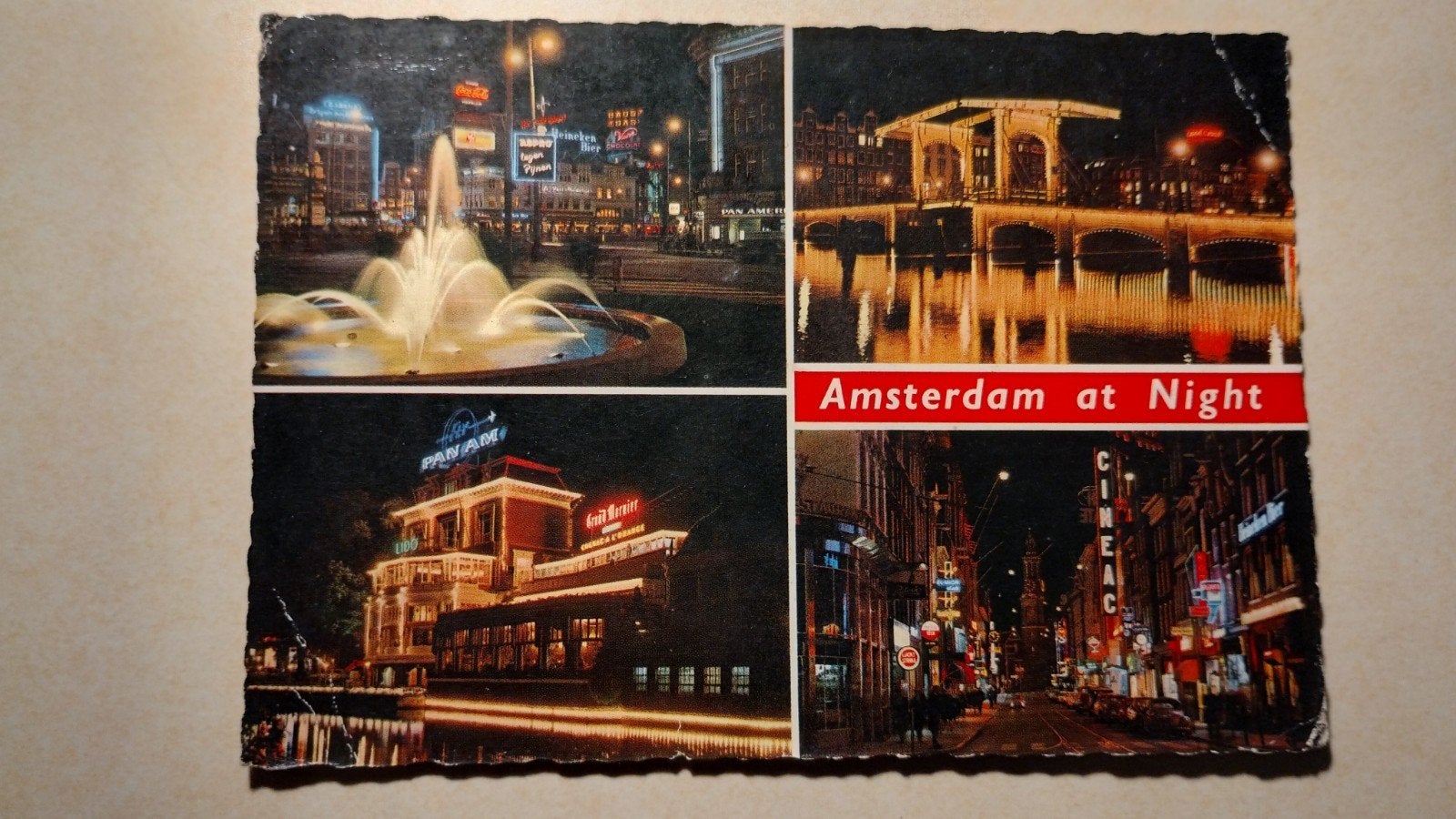 Oude ansichtkaart Amsterdam bij nacht, Ophalen of Verzenden, 1960 tot 1980, Gelopen, Noord-Holland