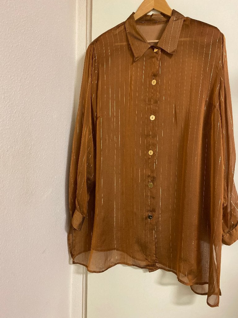 MARINA RINALDI BLOUSE BRUIN ZILVER 100% ZIJDE 50/52, Ophalen of Verzenden, Zo goed als nieuw, Bruin, Blouse of Tuniek