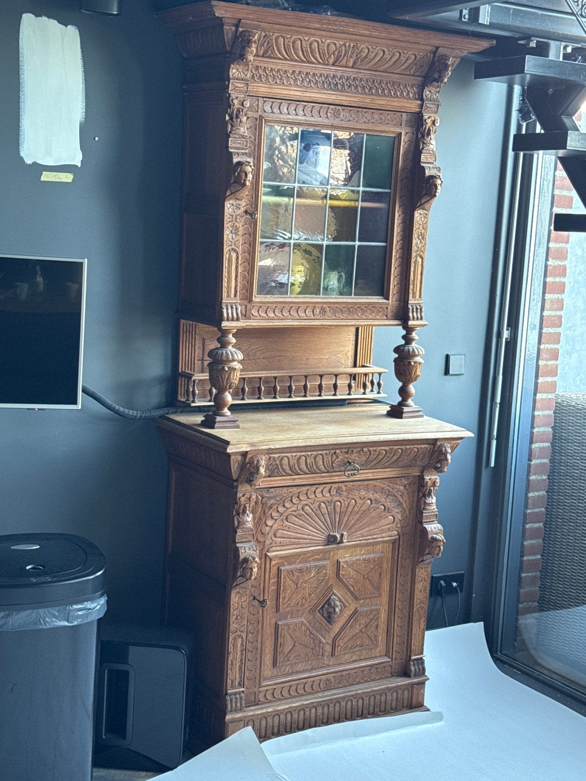 Antieke Eiken Servicekast met Glas-in-lood, Ophalen of Verzenden