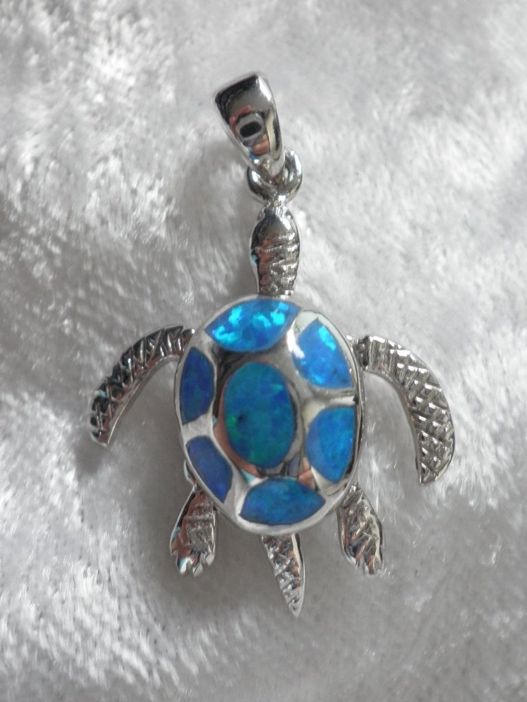 Mooie Zilveren Hanger met Blauwe Opaal - Bol Schildpadje, Verzenden, Zilver, Hanger, Met edelsteen