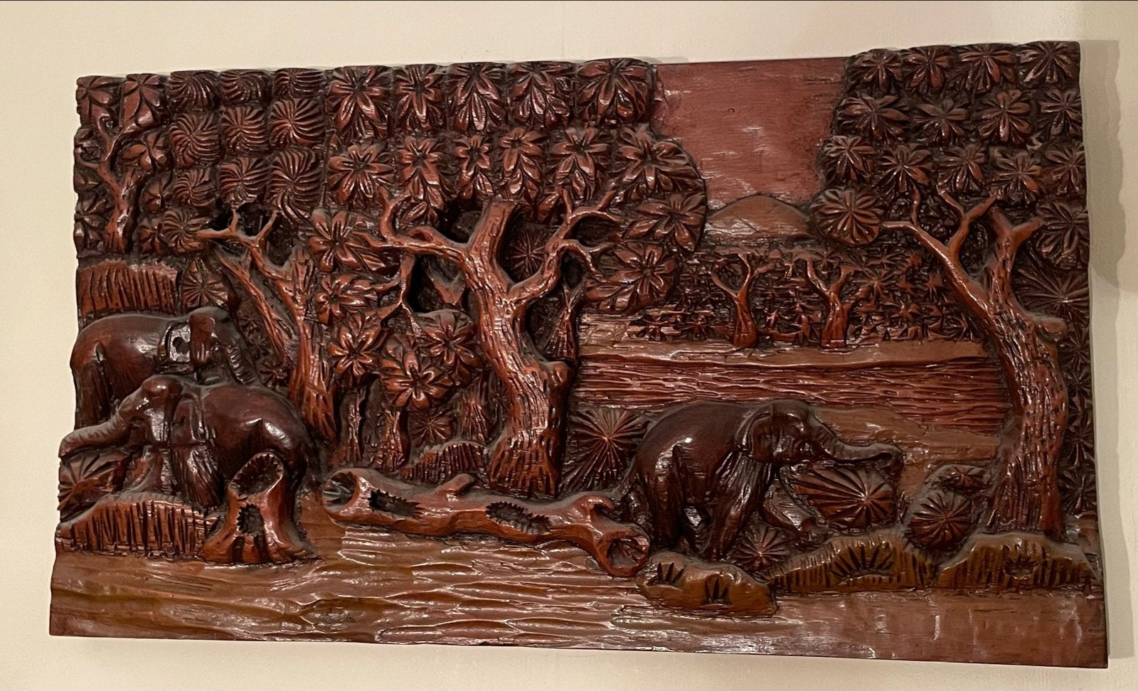 Houten Indonesië wanddecoratie Olifanten Jungle tafereel, Ophalen of Verzenden