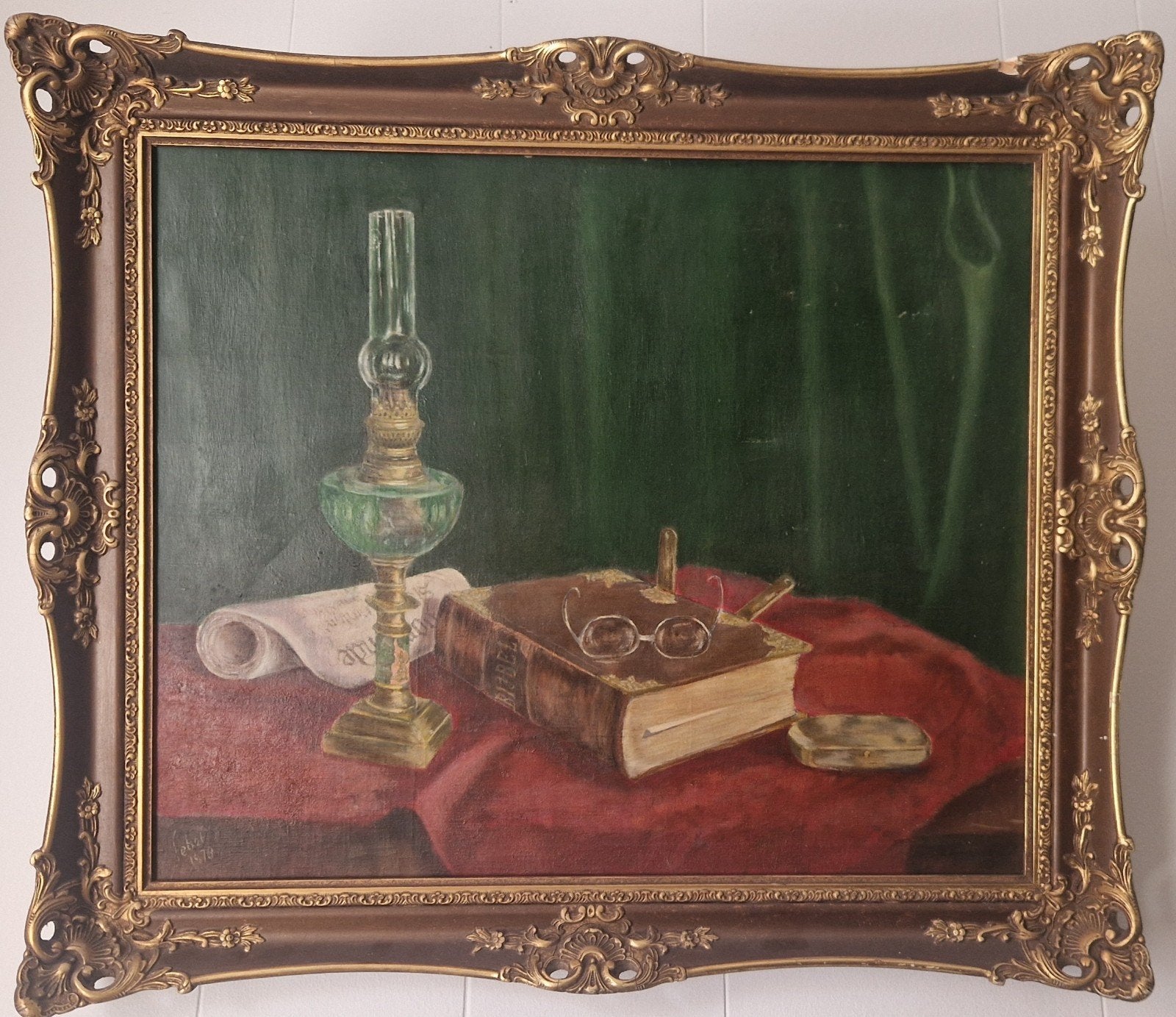 Olieverf Stilleven met olielamp en boek, gesigneerd, Antiek en Kunst, Ophalen