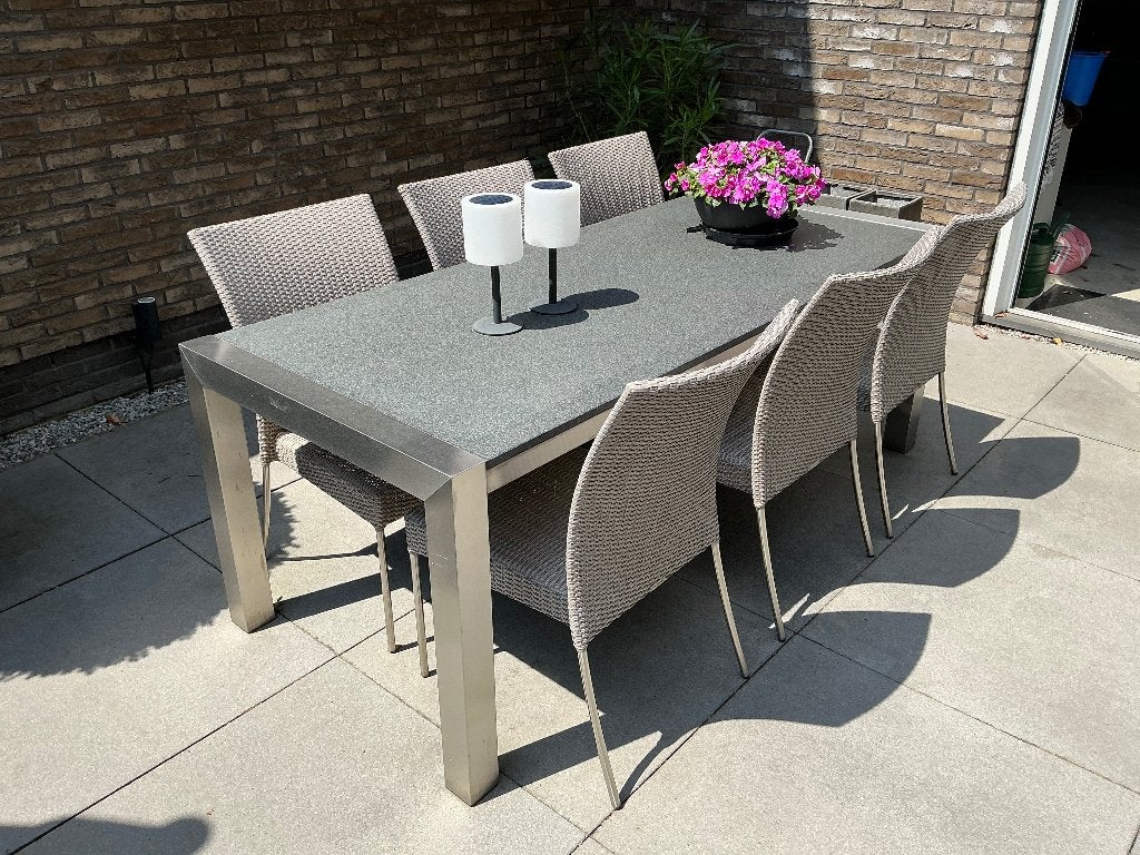 Tuintafel RVS met graniet blad incl. stoelen, Ophalen, Zo goed als nieuw, Rechthoekig, Rvs